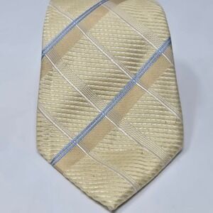 Mens Silk Necktie Yellow Plaid Check Blue Tan Textured Woven Formal Business Tie